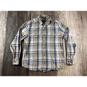 Prana Shirt Mens Med Long Sleeve Button Front Cream Gold Blue Lightweigh…